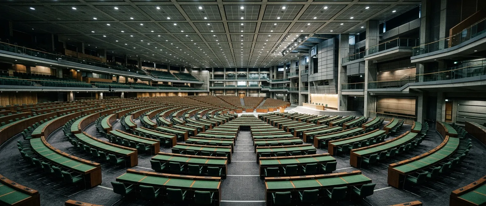 A vast, empty parliamentary chamber highlighting the scale of an 816-seat expansion.