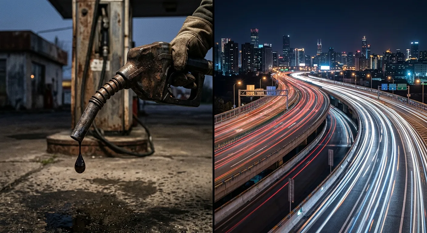 Contrast between an old fuel nozzle and modern highway infrastructure