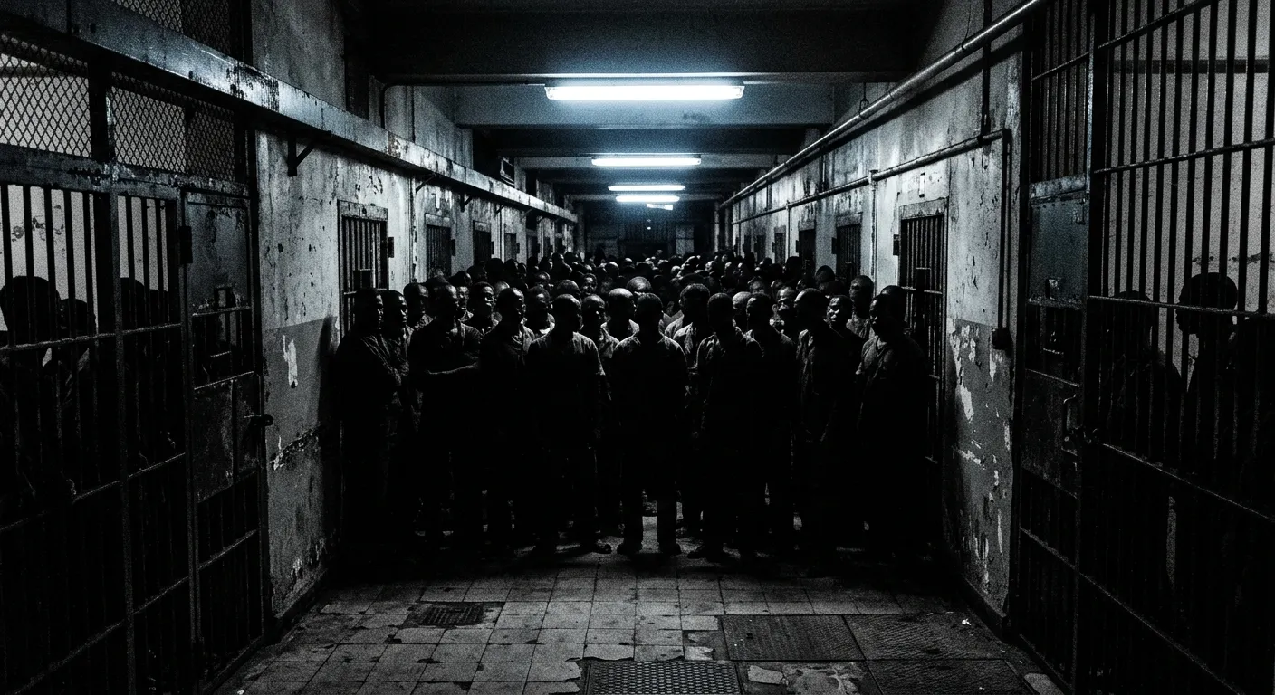 Silhouetted figures crowded in a dimly lit prison corridor representing overcrowding