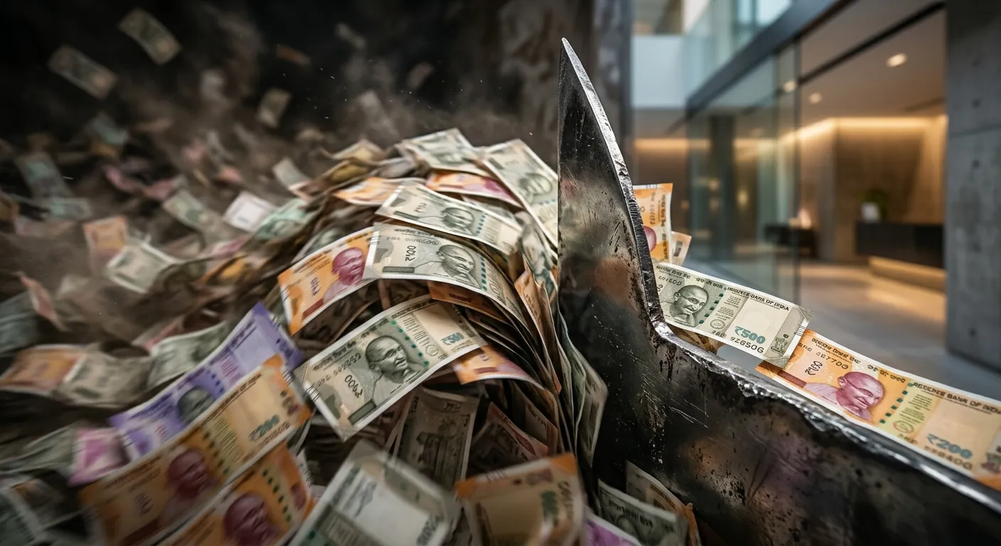 Indian currency being divided unevenly by a metallic barrier, representing fiscal devolution.