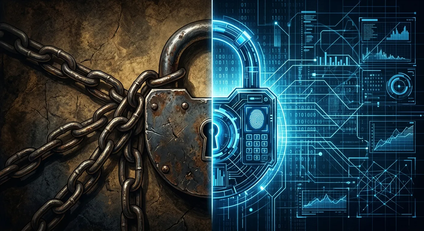 Traditional iron lock next to a modern digital lock representing changing legal frameworks