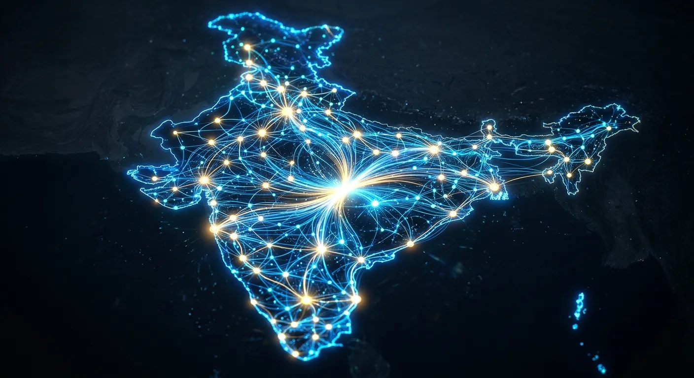 Abstract data map of India showing interconnected nodes representing AI curation units.