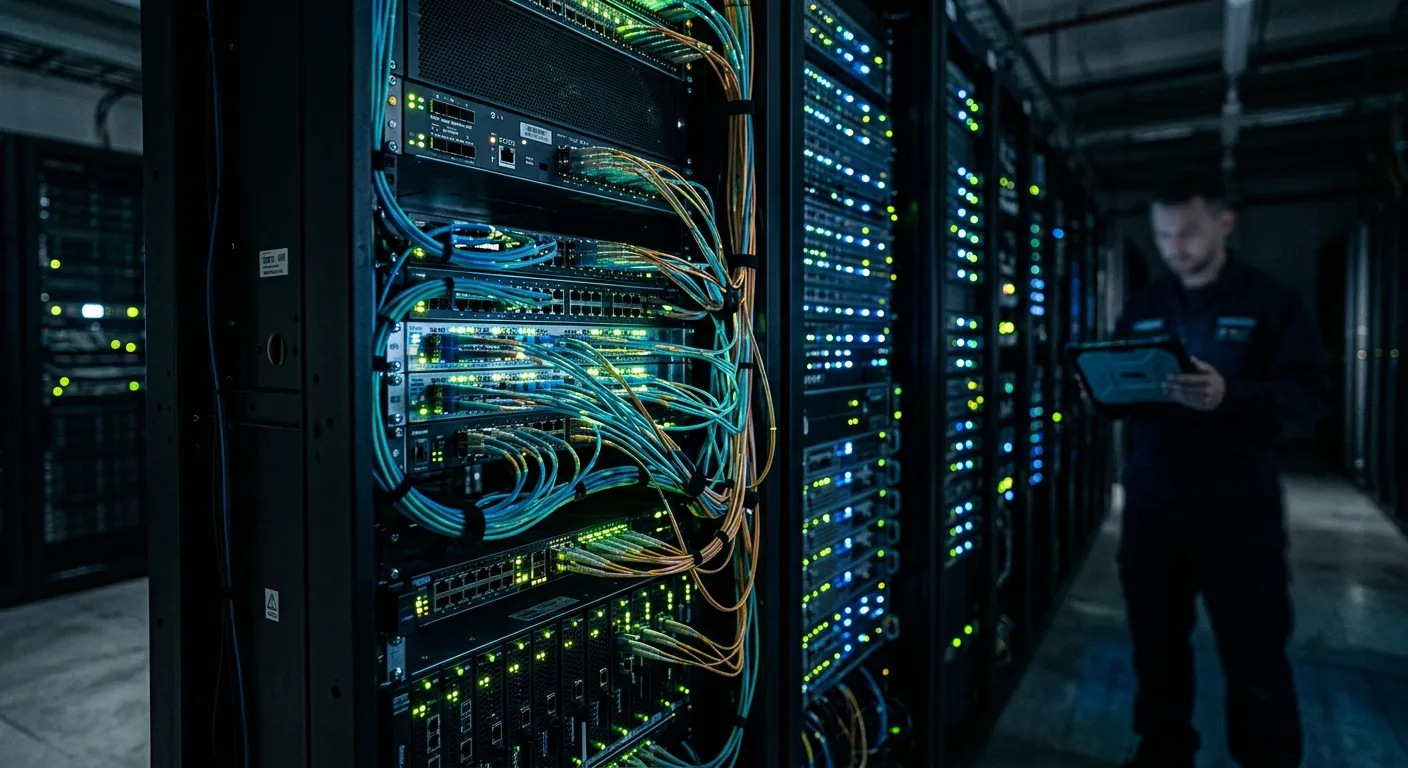 Server racks and fiber optic cables representing data warehousing infrastructure