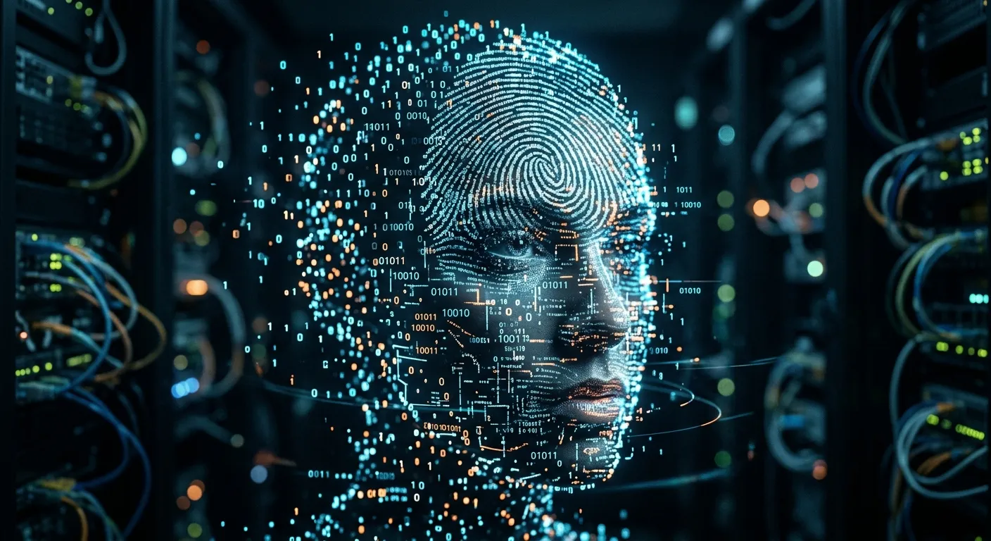 Conceptual image of a human identity being reconstructed from scattered digital data points.
