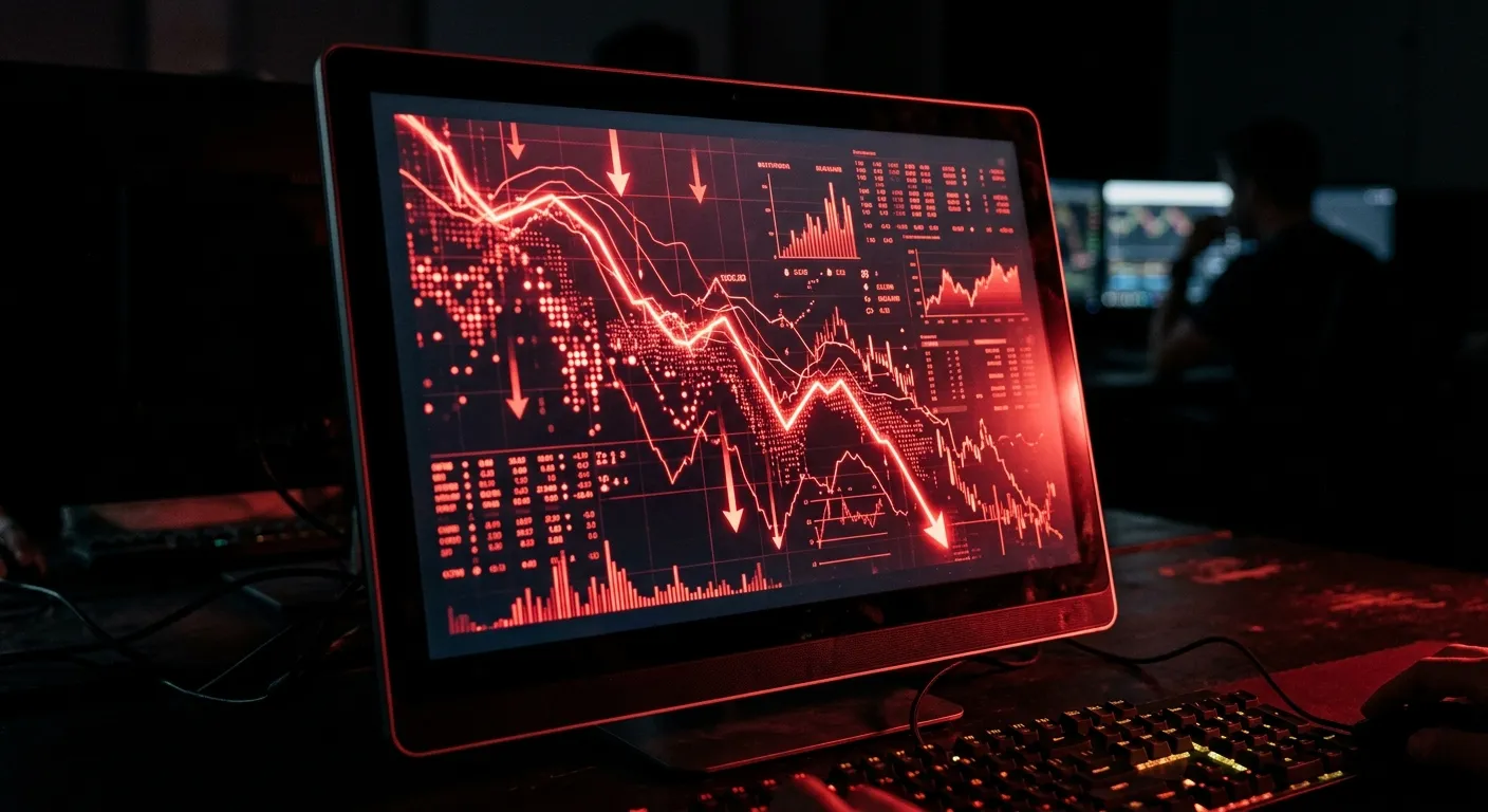 Digital trading terminal showing plunging financial data and red graphs