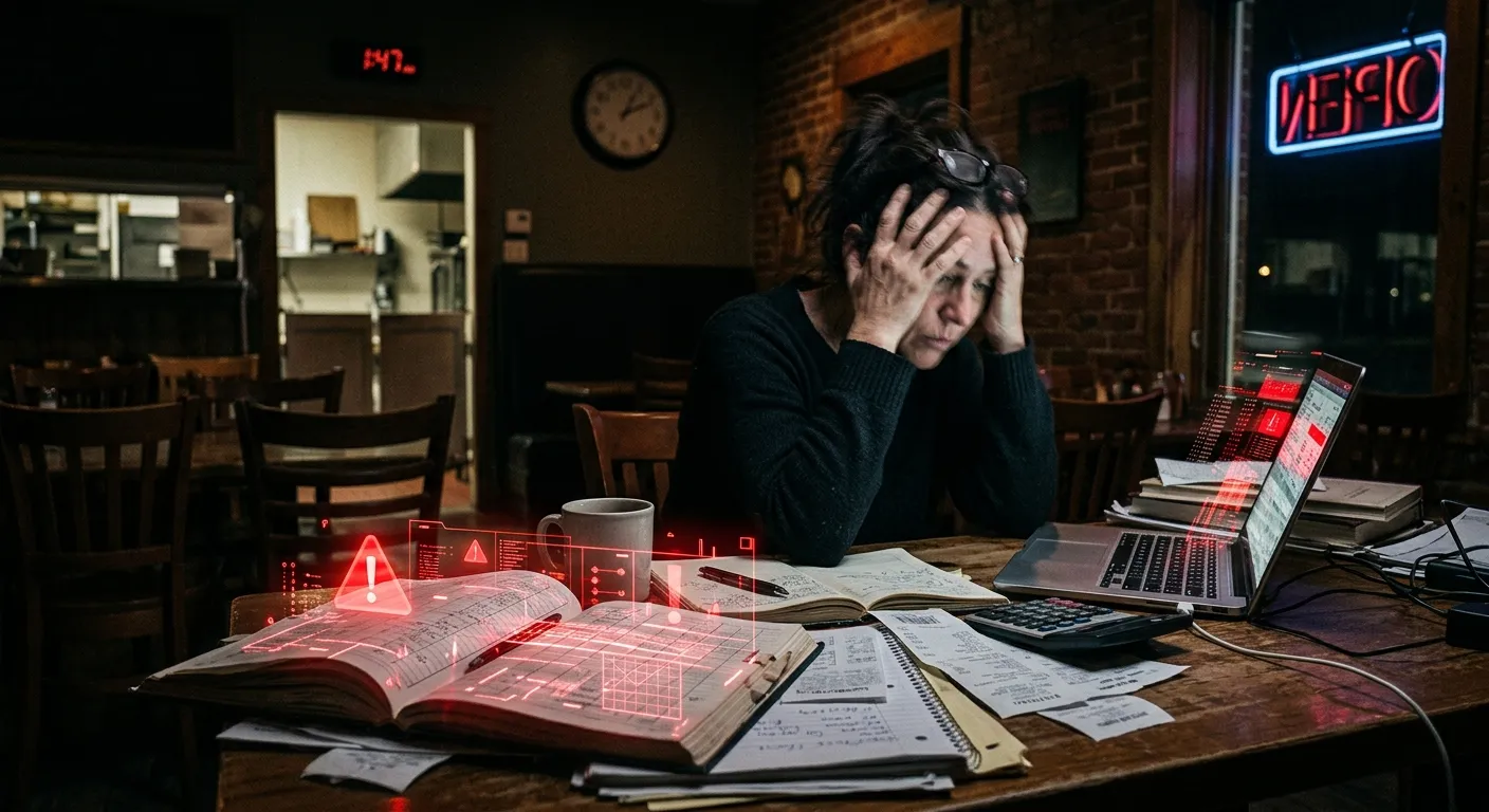Small business owner working late, overlaid with digital warning flags