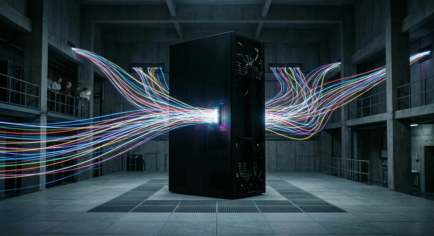 Multiple colorful data streams merging into a single, opaque black monolith.