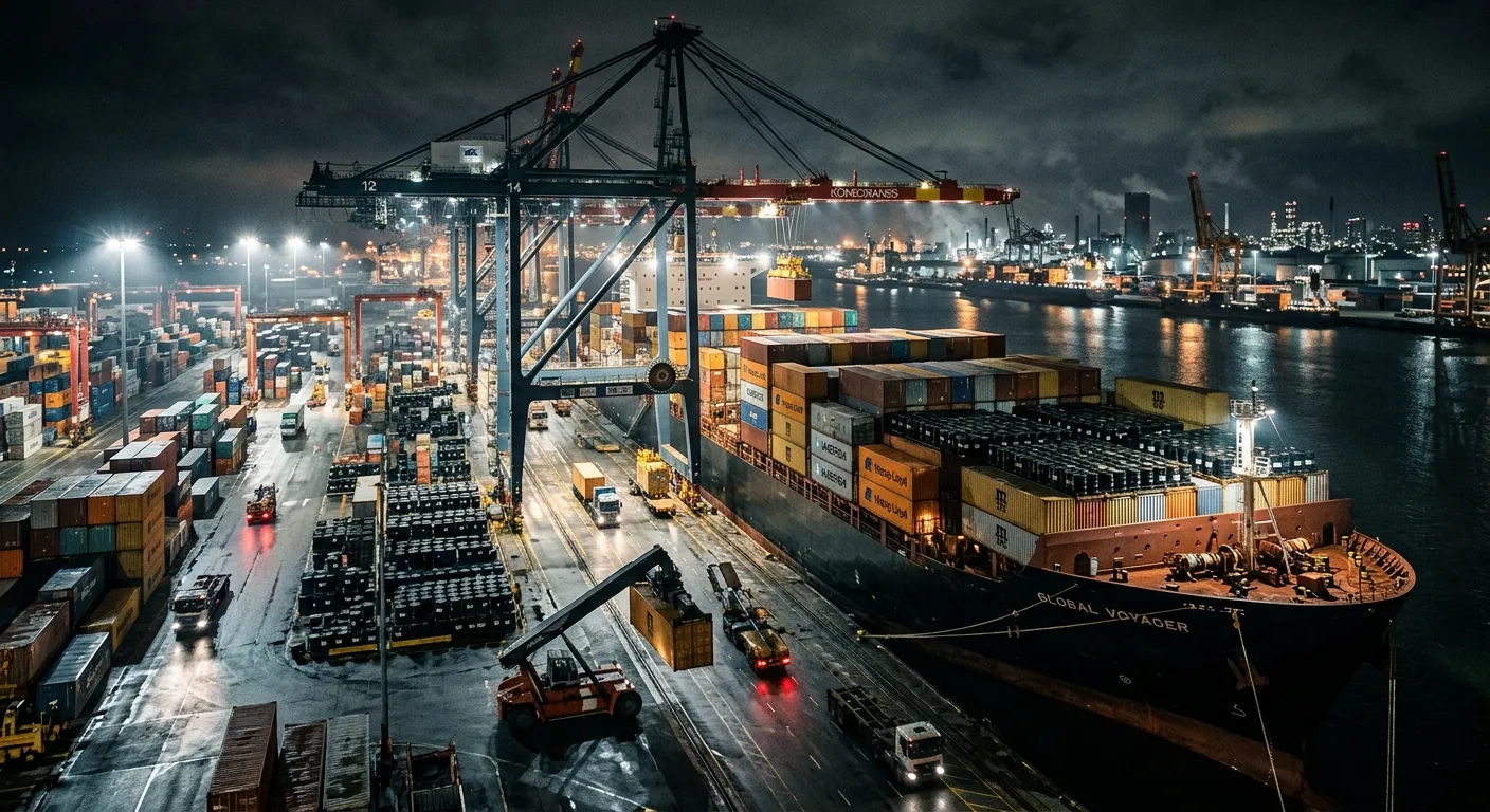 Industrial cargo port at night with shipping containers and oil barrels