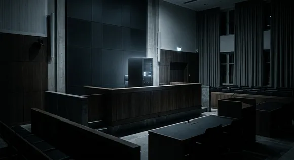 A glowing black box sitting on a judge's bench in an empty courtroom