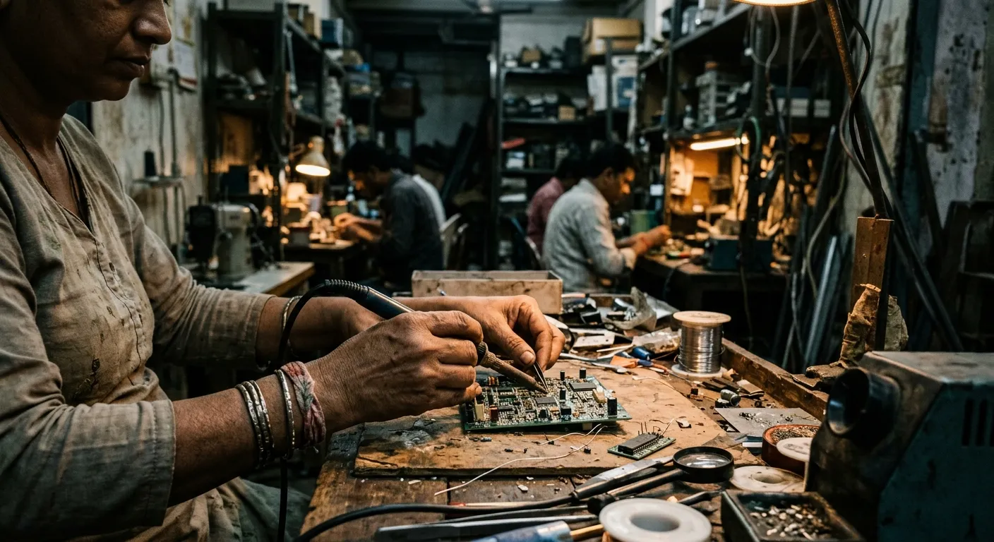 Worker assembling electronic components in a small manufacturing workshop