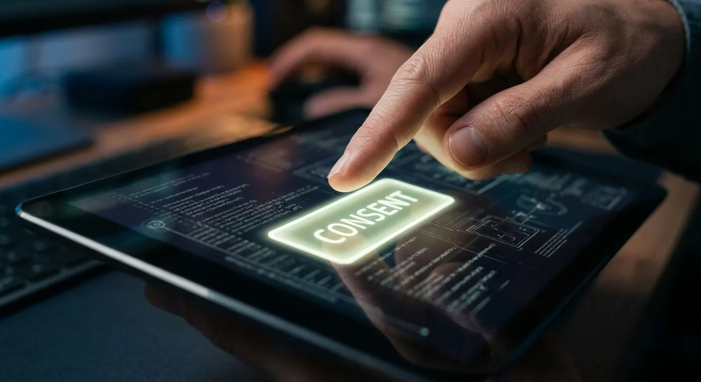 A parent's finger hovering over a digital consent button on a tablet