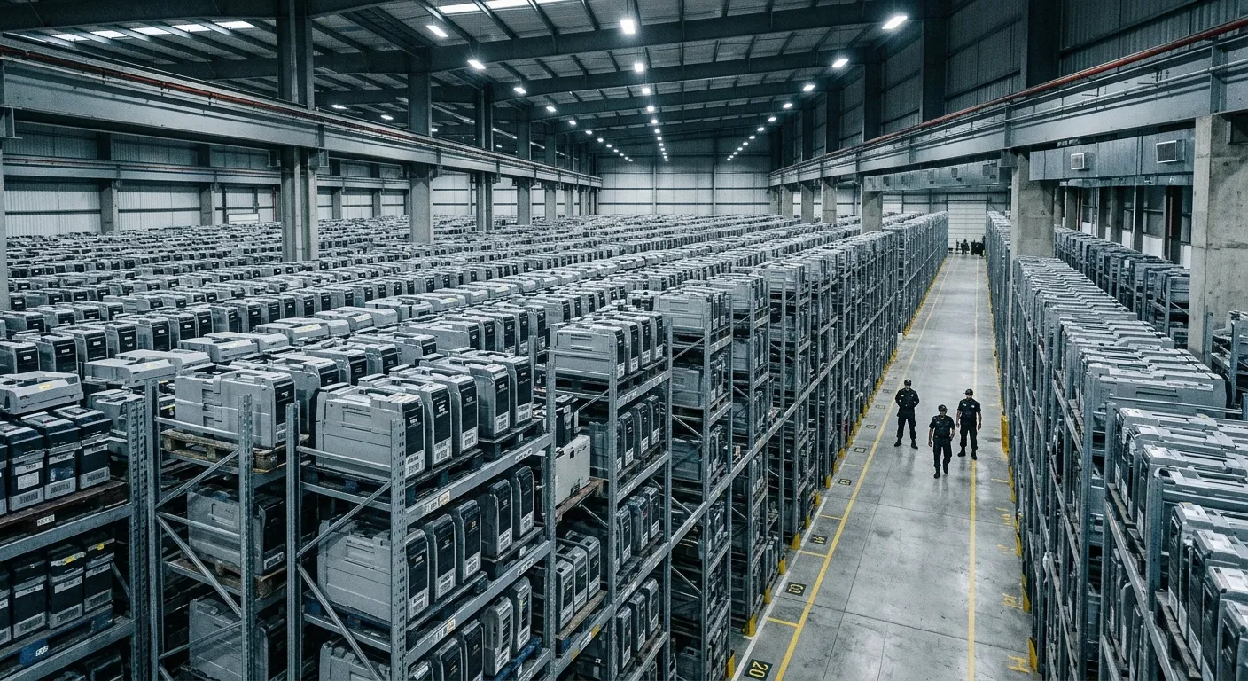 Endless rows of Electronic Voting Machines stored in a massive warehouse