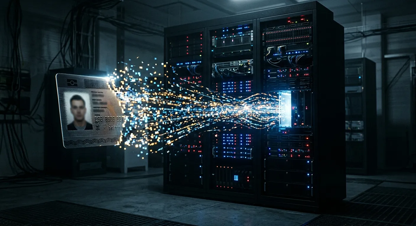 An identity card dissolving into digital pixels entering a server rack