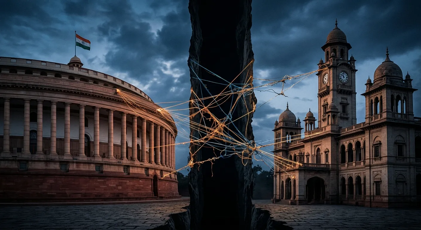 Architectural representation of the tension between the Union Parliament and State Assemblies