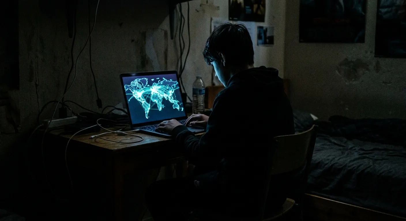 Silhouette of a teenager in a dark room illuminated by a glowing VPN map on a laptop