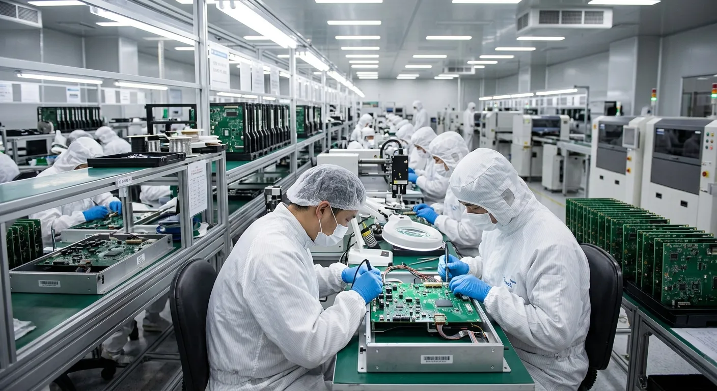 Workers in clean suits assembling electronic components in a high-tech manufacturing facility
