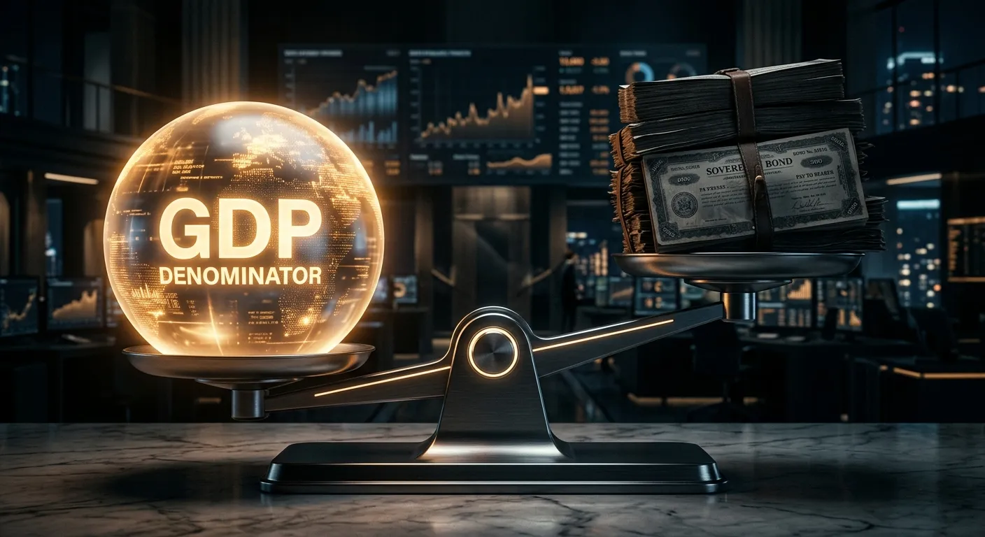 A balancing scale showing a massive glowing sphere outweighing sovereign bonds, illustrating the denominator effect.