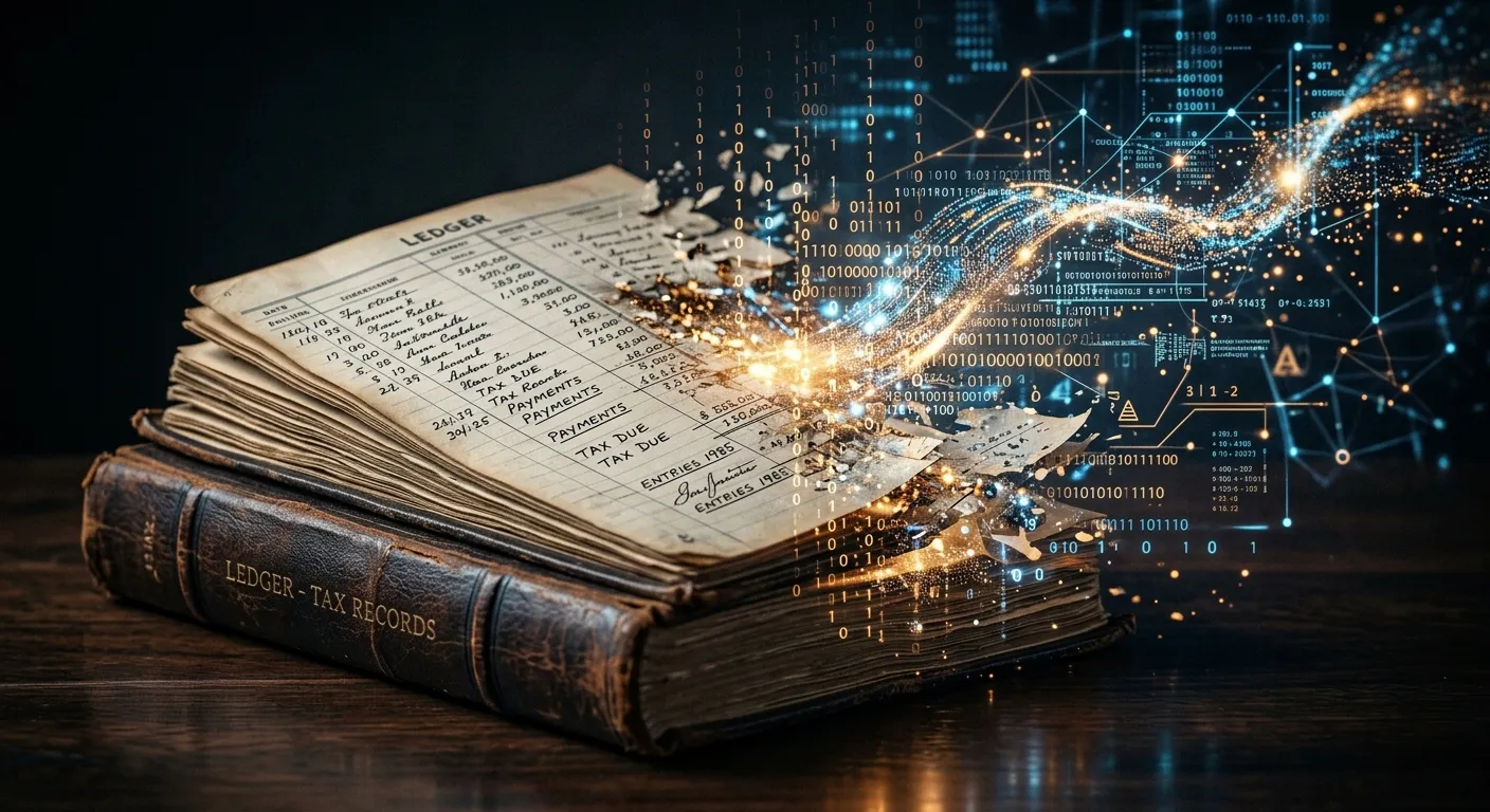 Physical ledger dissolving into digital code representing AI tax transition