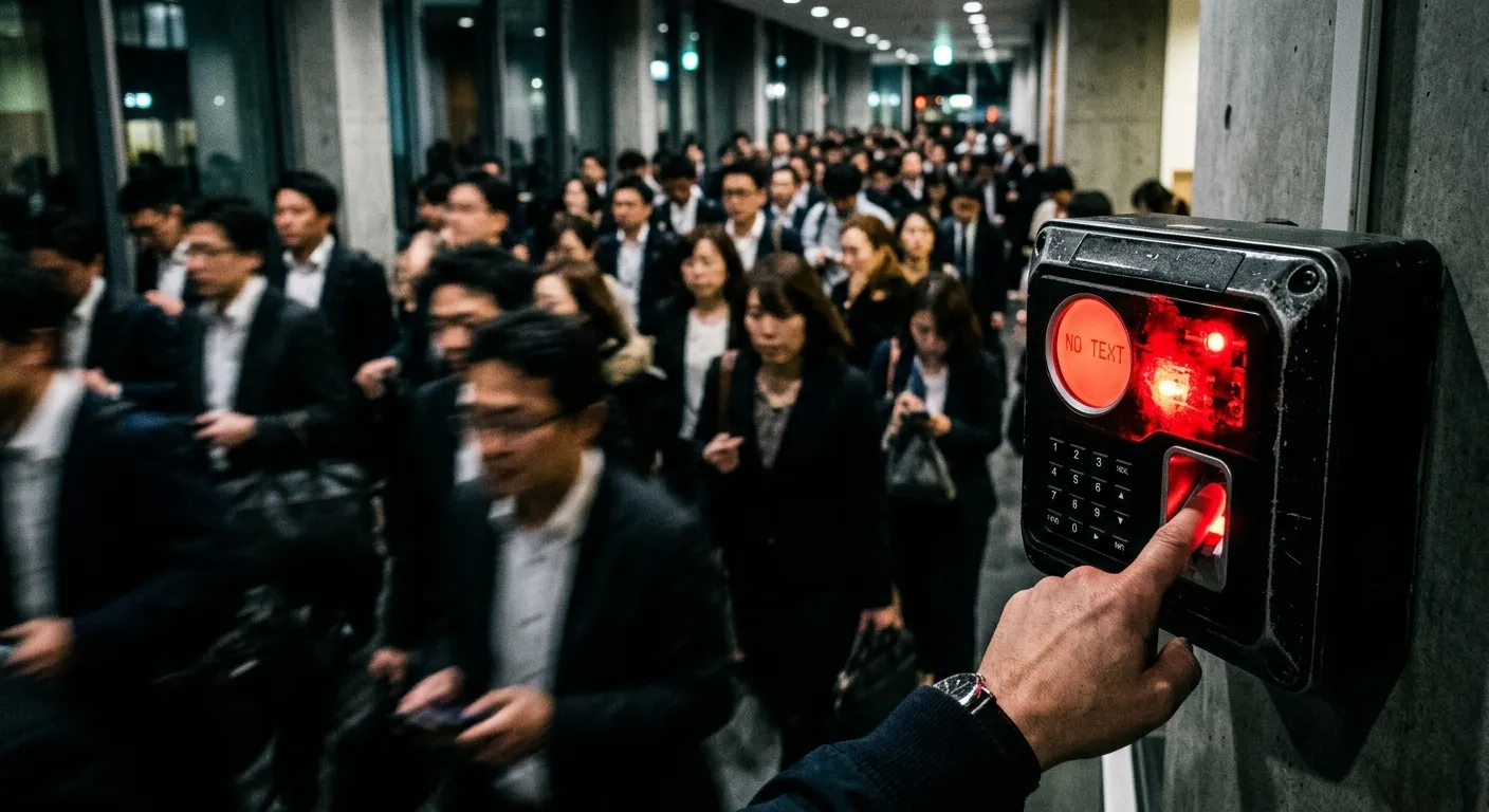 Biometric scanner with blurred office workers in the background
