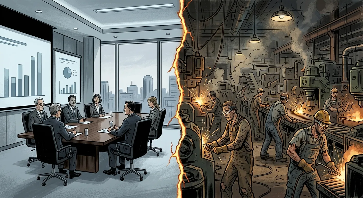 Split view of a corporate boardroom and a chaotic factory floor