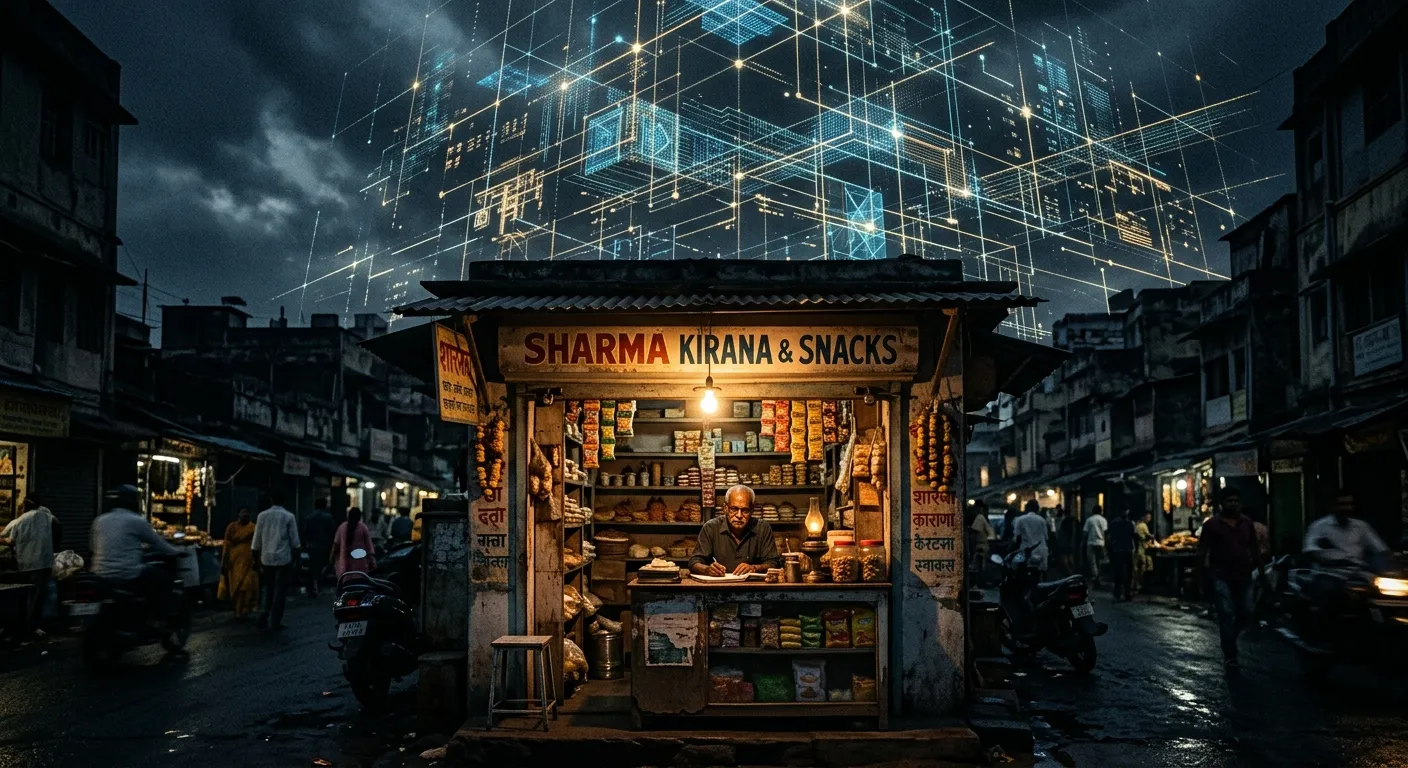 Small business storefront under a massive digital surveillance grid