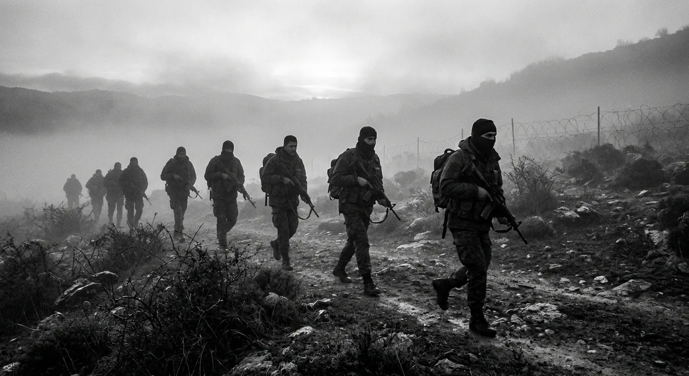 Paramilitary soldiers patrolling a foggy, harsh border environment