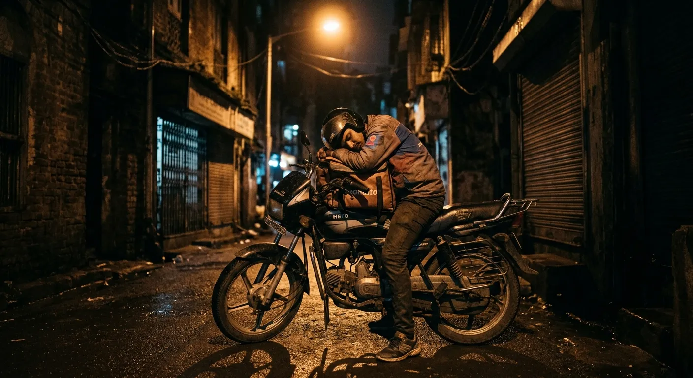 Exhausted gig economy delivery rider resting under a streetlamp at night