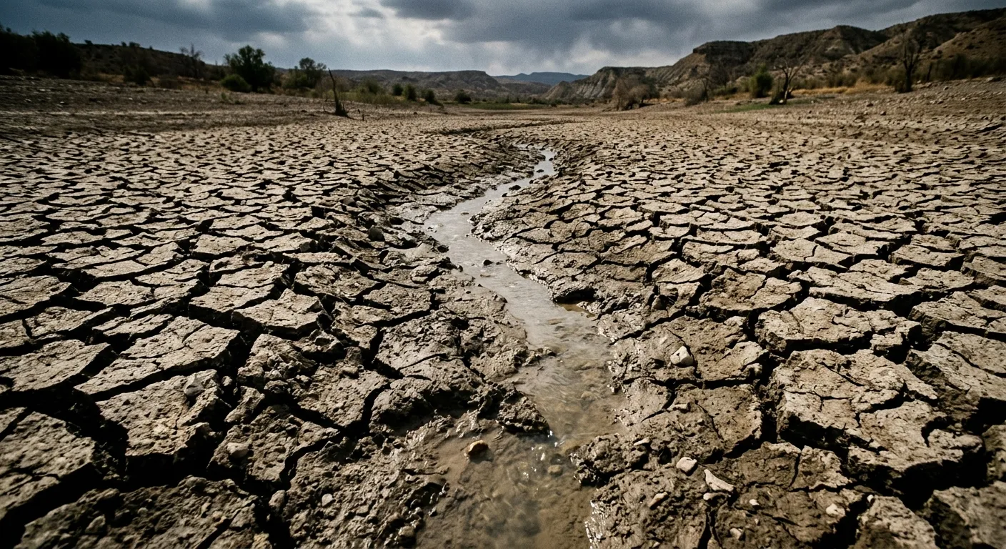 A dried riverbed with a small trickle of water symbolizing the tapering of state revenue grants