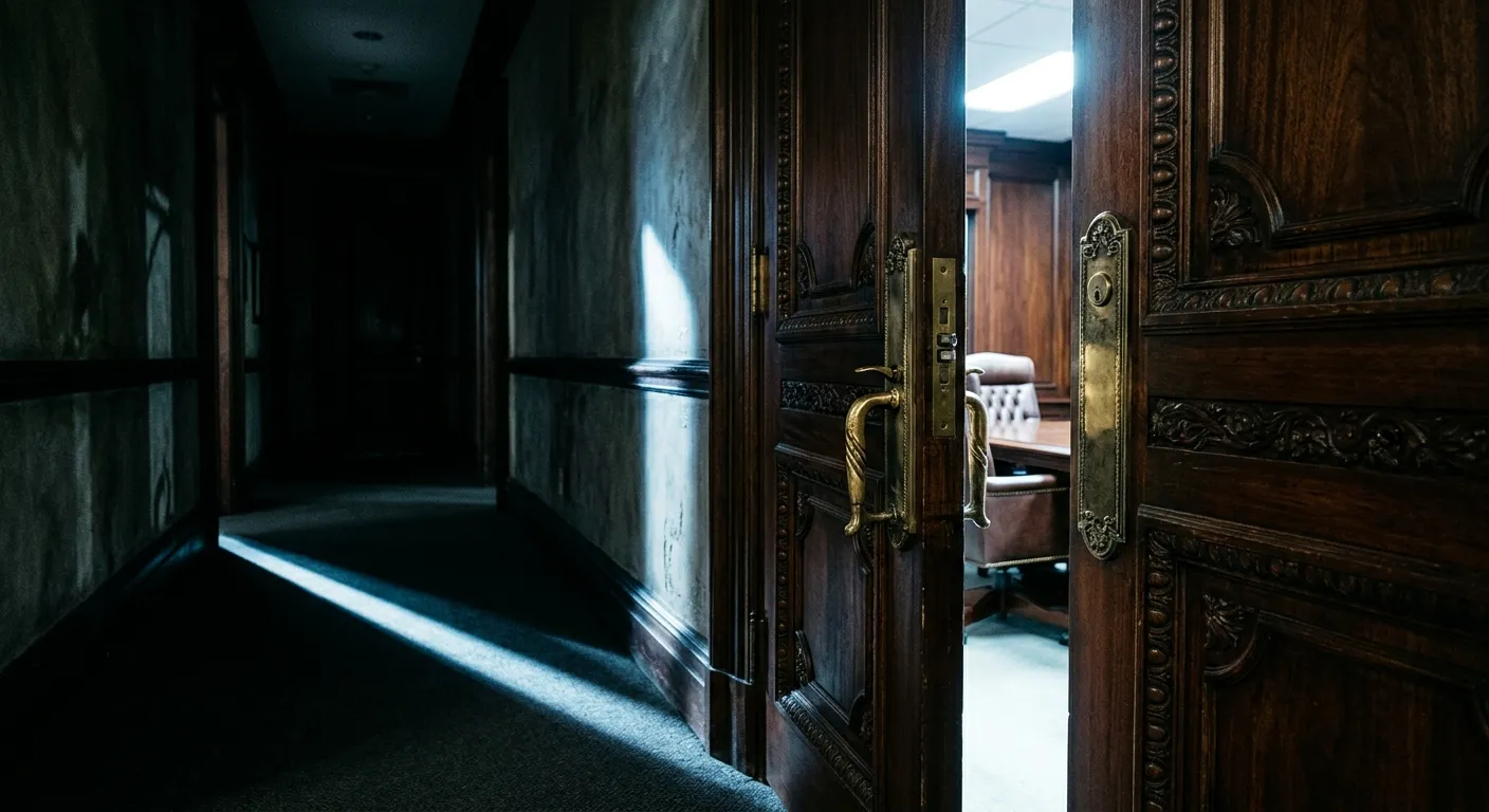 A boardroom door left slightly ajar with light spilling into a dark hallway