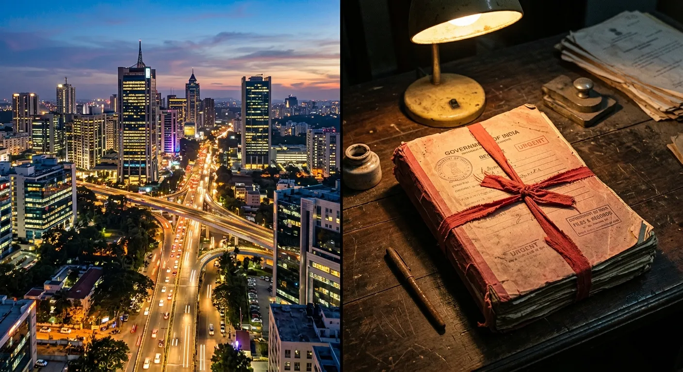 Split screen showing a modern urban skyline and a red-tape bound bureaucratic folder