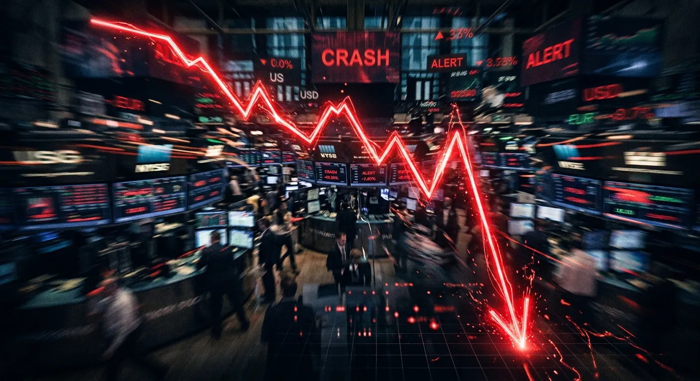 Abstract financial chart showing a sharp downward trend over a blurred trading floor
