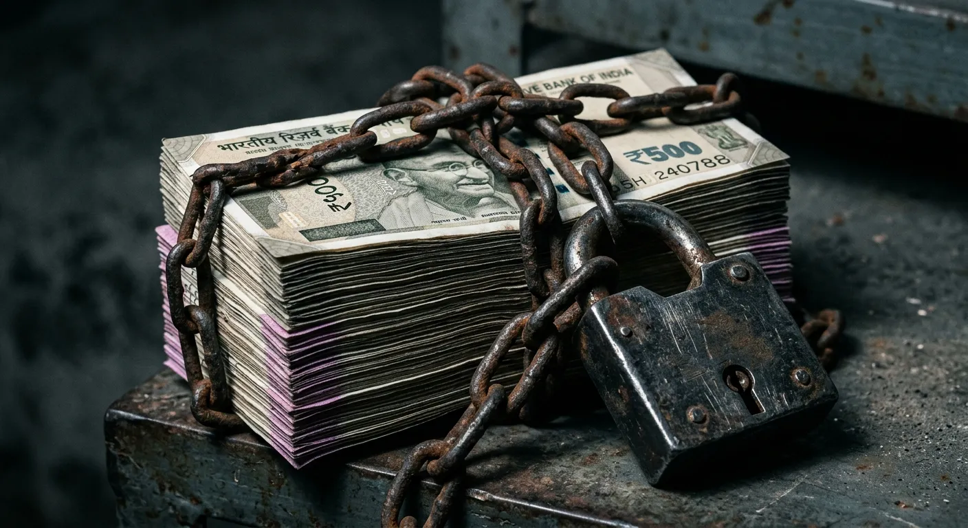 Indian currency notes tightly bound by metal chains and a padlock