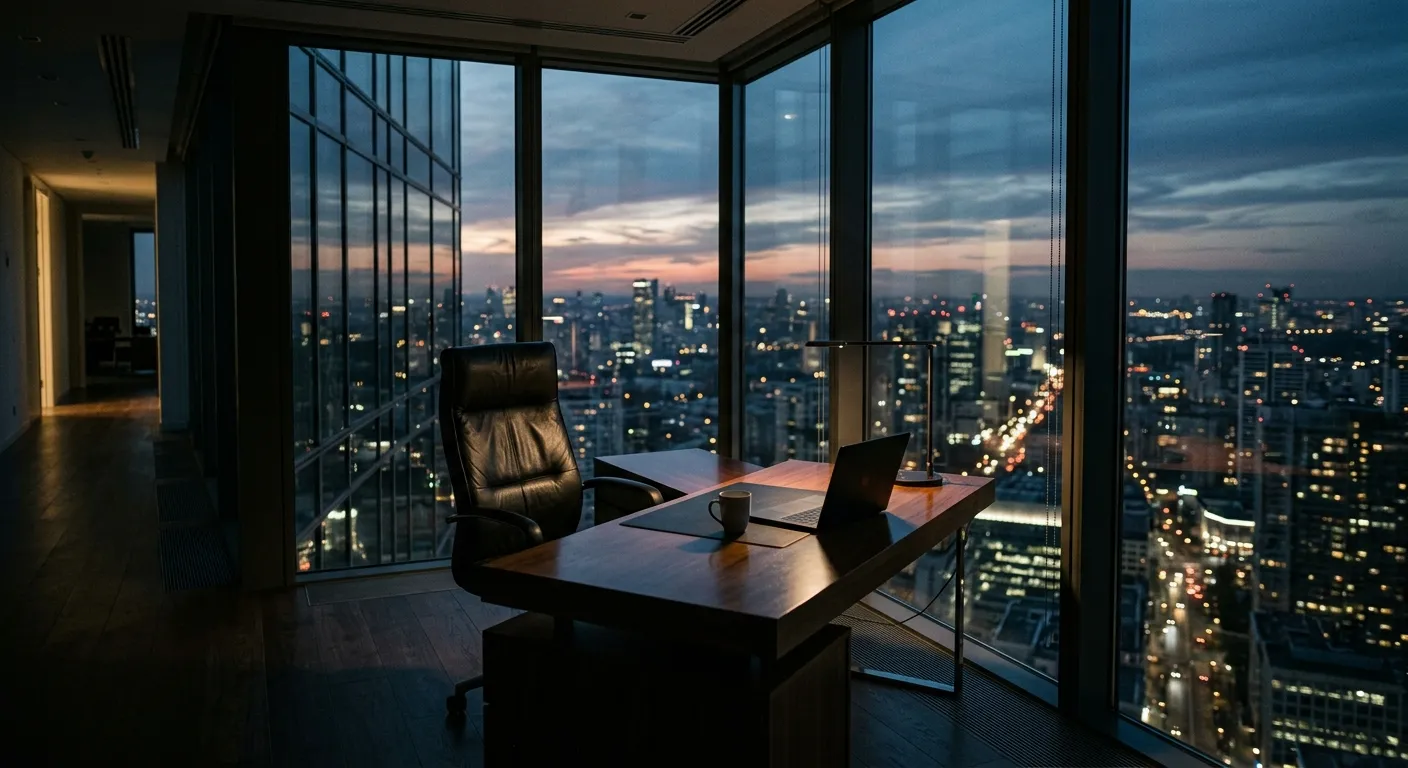 An empty executive leather chair facing a city skyline at dusk