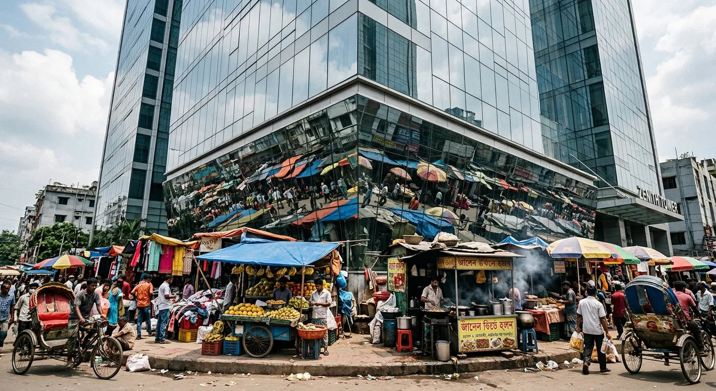 Contrast between formal corporate buildings and informal street vendors