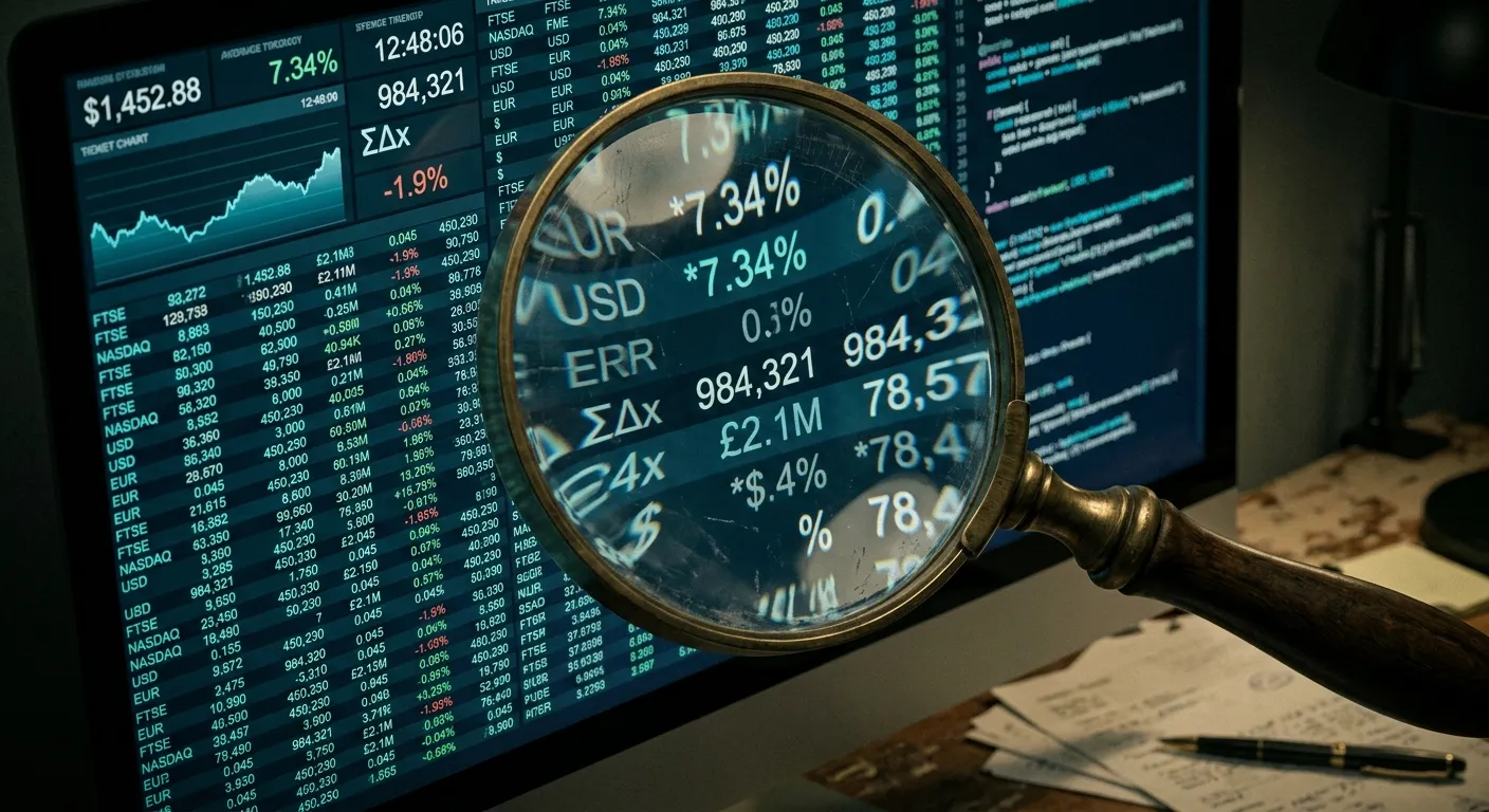 Magnifying glass distorting financial data on a screen