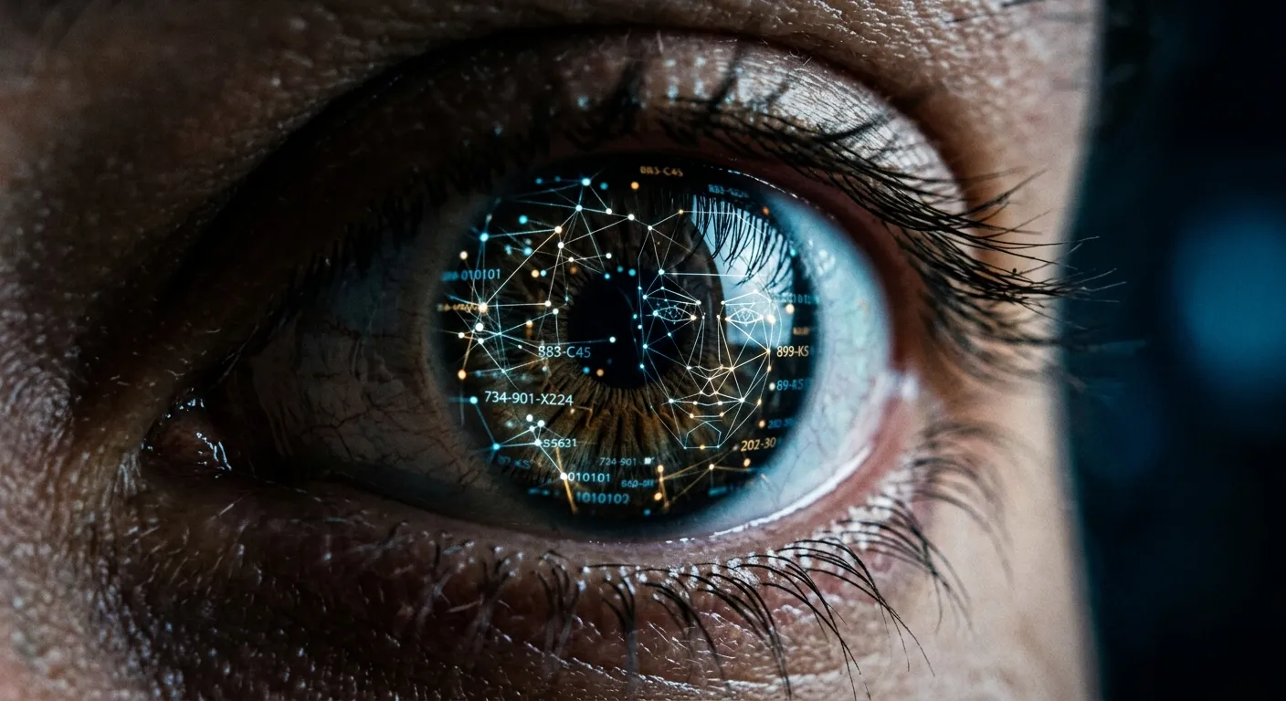 Macro close-up of an eye reflecting biometric scanning geometry and digital nodes