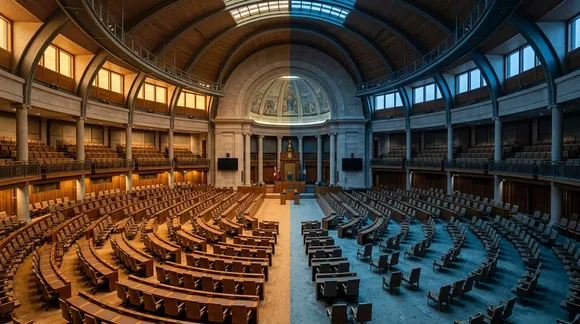An empty parliamentary chamber with asymmetrical seating representing the North-South divide.