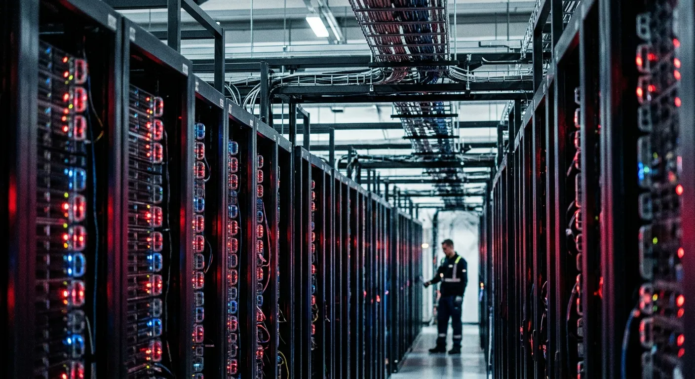 Endless rows of dark server racks illuminated by red and blue lights