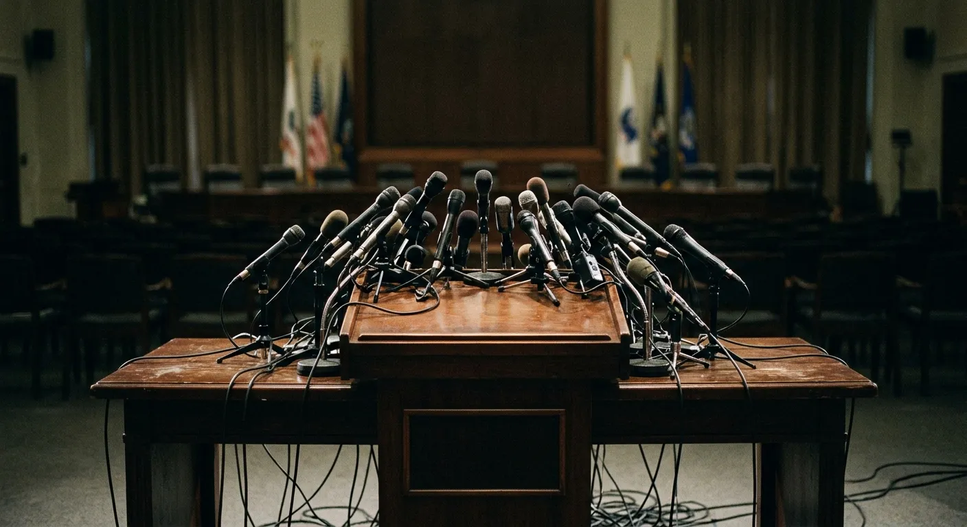 Empty press conference podium with microphones symbolizing institutional silence