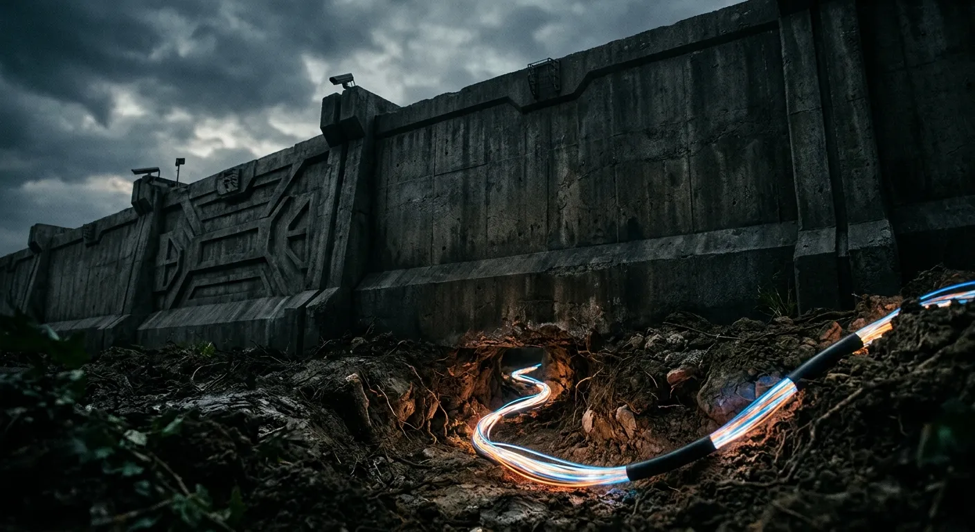 A glowing fiber-optic cable tunneling underneath a massive concrete wall