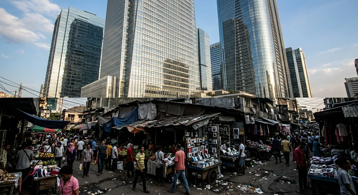 Contrast between formal corporate skyscrapers and informal street markets