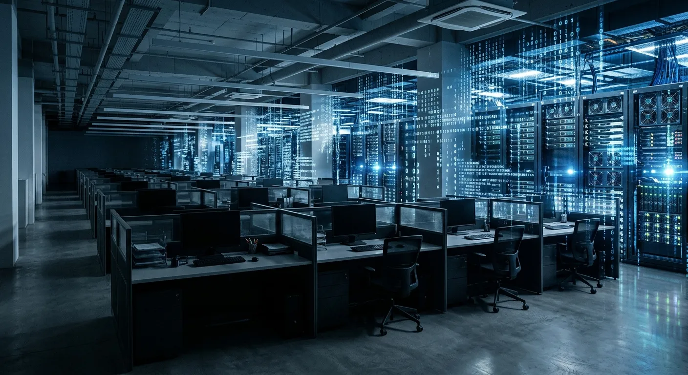 Empty modern office cubicles dissolving into digital code