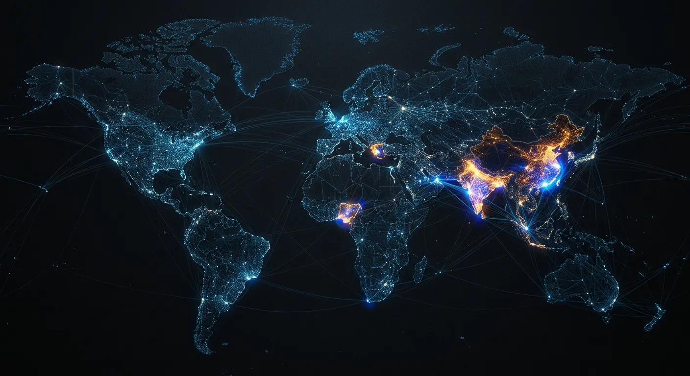 Global map of glowing nodes representing international capital and data scrutiny