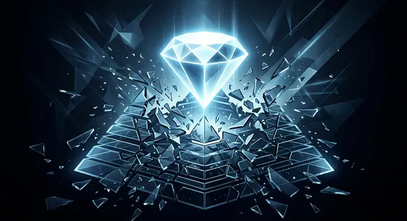 A glass pyramid shattering to reveal a glowing diamond shape