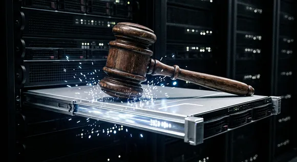 A wooden judge's gavel resting on a glowing computer server blade