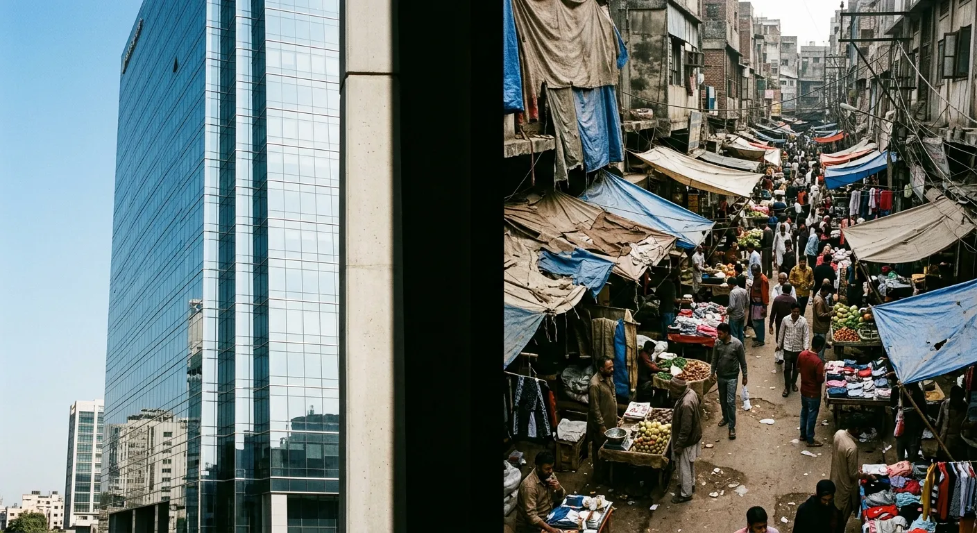 Contrast between a modern corporate skyscraper and a dusty informal street market