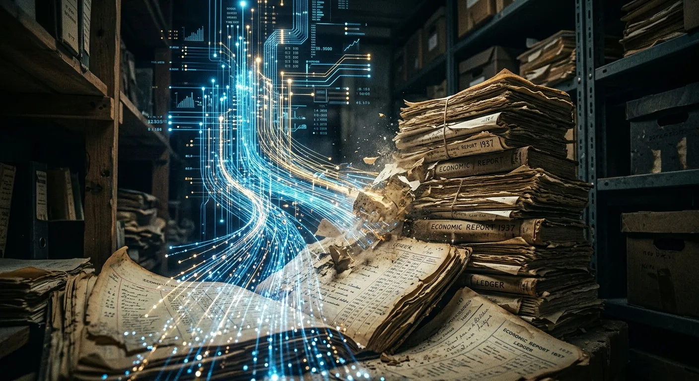 Old paper ledgers transforming into glowing digital data streams