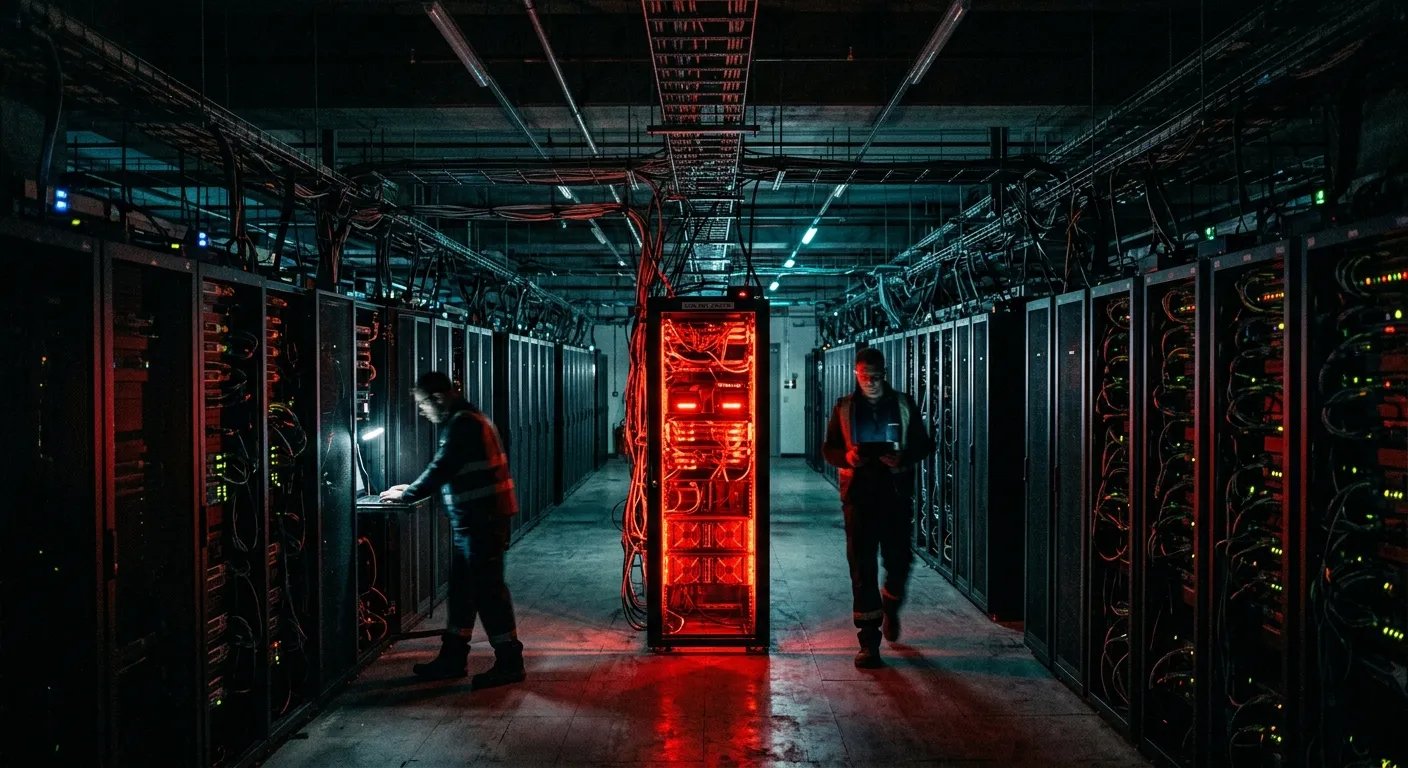 A glowing red server rack in a dark data center representing compliance pressure