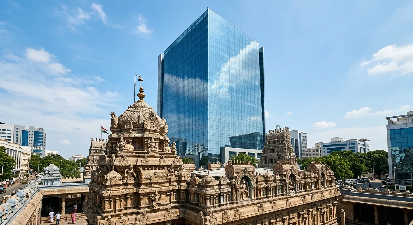 Modern glass skyscraper towering over traditional South Indian architecture