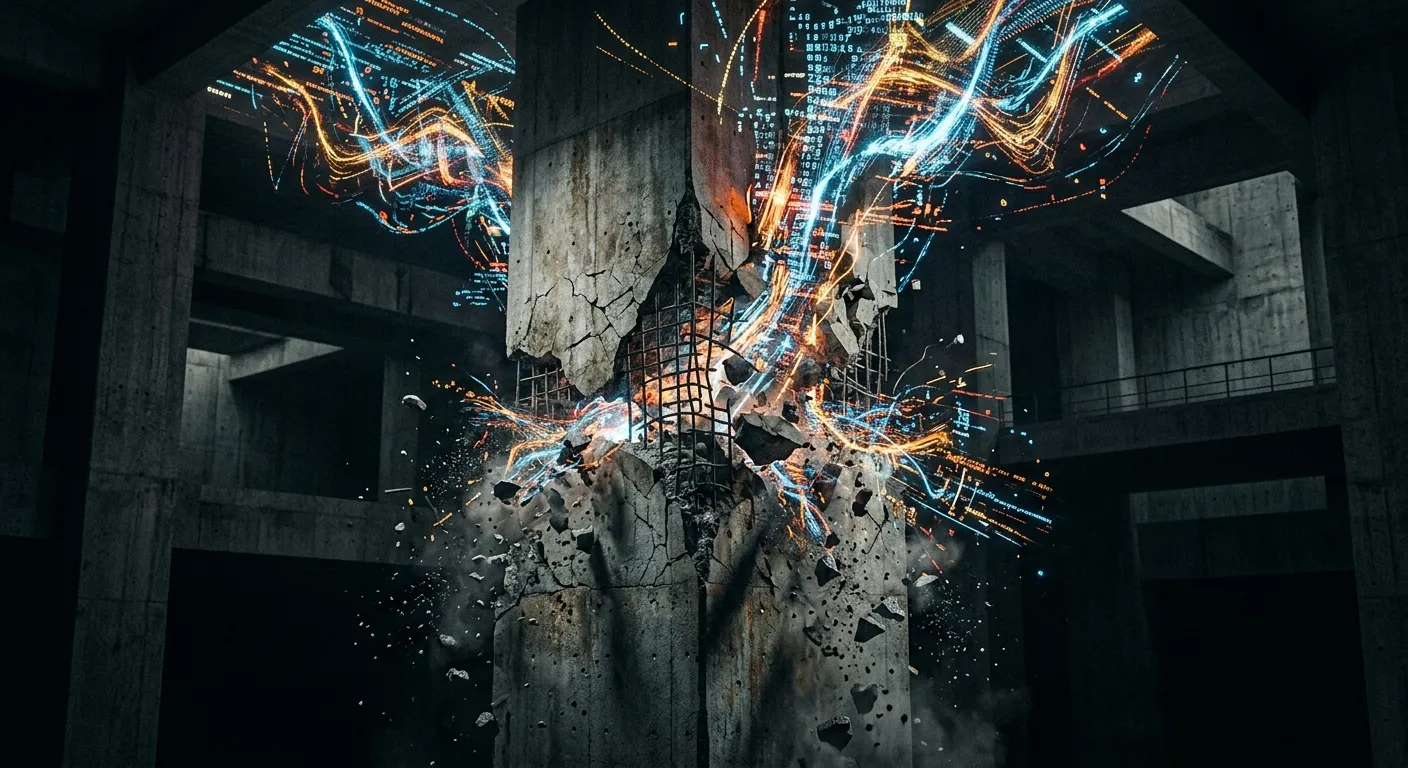 A concrete pillar cracking under digital data streams representing the loss of safe harbor